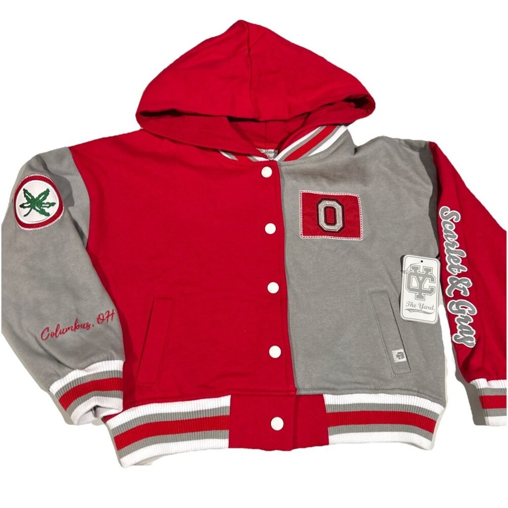 NEW Ohio State Buckeyes The Yard Red Gray Full Snap Hooded Jacket Girls M 7-8
